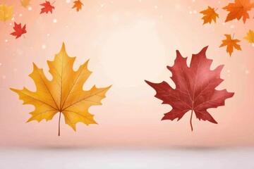Obraz premium Colorful autumn leaves in vibrant hues of red and yellow against a soft pastel background, capturing the essence of fall.