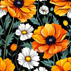 seamless pattern with flowers, argyle daisy poppy marigolds pattern overlay in bright jewel tones black white cartoon drawing	