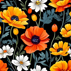 seamless pattern with flowers, argyle daisy poppy marigolds pattern overlay in bright jewel tones black white cartoon drawing	