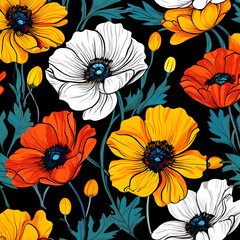seamless pattern with flowers, argyle daisy poppy marigolds pattern overlay in bright jewel tones black white cartoon drawing	