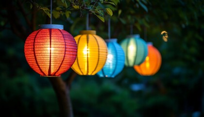 Fototapeta premium Colorful Paper Lanterns Hanging in a Tree.