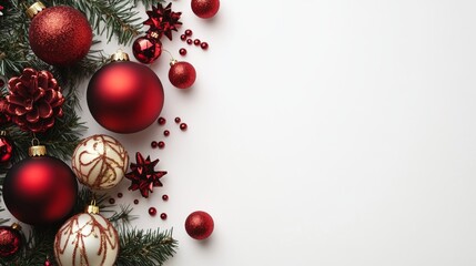 Red and gold Christmas ornaments, pine branches, and red beads on a white background with copy space.