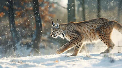 A magnificent lynx sprints through a scene of snow covered woodland