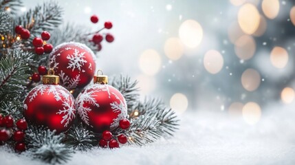 Festive red Christmas baubles with snowflakes, holly berries, and pine branches against a sparkling blurred background.