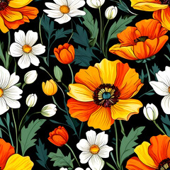 seamless pattern with flowers, argyle daisy poppy marigolds pattern overlay in bright jewel tones black white cartoon drawing	