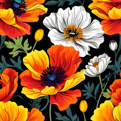 seamless pattern with flowers, argyle daisy poppy marigolds pattern overlay in bright jewel tones black white cartoon drawing	