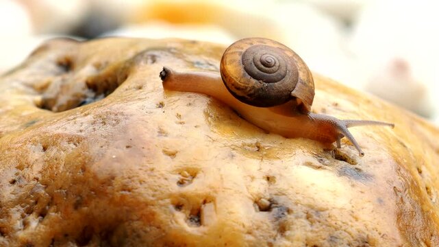 Little snail is climbing on rock, out door Chiangmai Thailand.