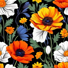 seamless pattern with flowers, argyle daisy poppy marigolds pattern overlay in bright jewel tones black white cartoon drawing	