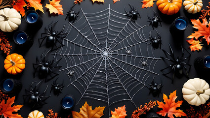 Festive halloween arrangement with spiders and pumpkins
