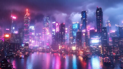 Fototapeta premium Cyberpunk Cityscape with Neon Lights and Rain - 3D Illustration