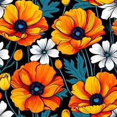seamless pattern with flowers, argyle daisy poppy marigolds pattern overlay in bright jewel tones black white cartoon drawing	