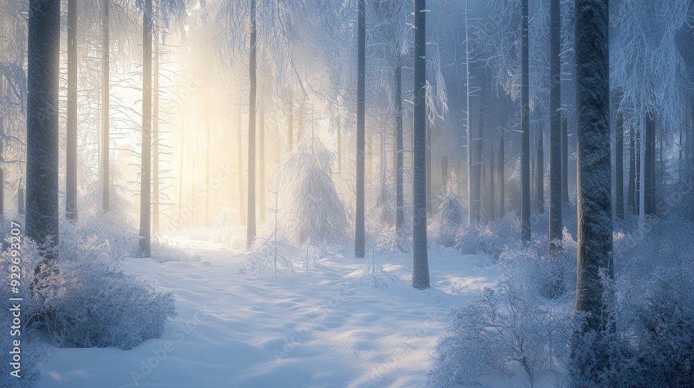 Poster a serene winter forest scene illuminated by soft light, creating a tranquil atmosphere.