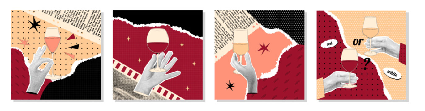 Womans hand with halftone effect holds glass of wine. Dotted posters set in retro collage style. Contemporary vector newspaper elements