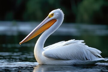 American white pelican swimming on lake with green background