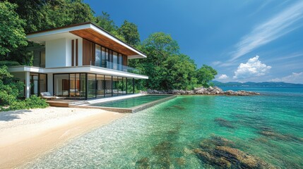 Fototapeta premium Modern luxury villa overlooking tranquil turquoise ocean in tropical paradise