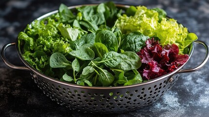 Freshly washed green and red leaf lettuce in colander