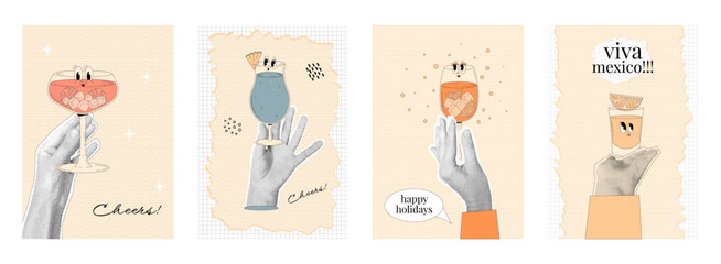 Person hands with halftone effect holds glass of cocktail. Posters set in retro collage style. Happy holidays, cheers, viva mexico. Vertical vector banners