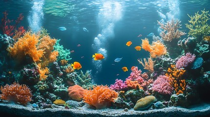 Naklejka premium Vibrant Underwater Reef with Colorful Fish and Coral - Photo