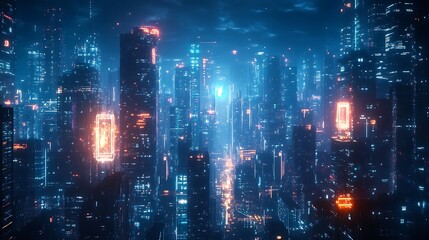 Fototapeta premium Futuristic Cyberpunk Cityscape with Neon Lights 3D Illustration