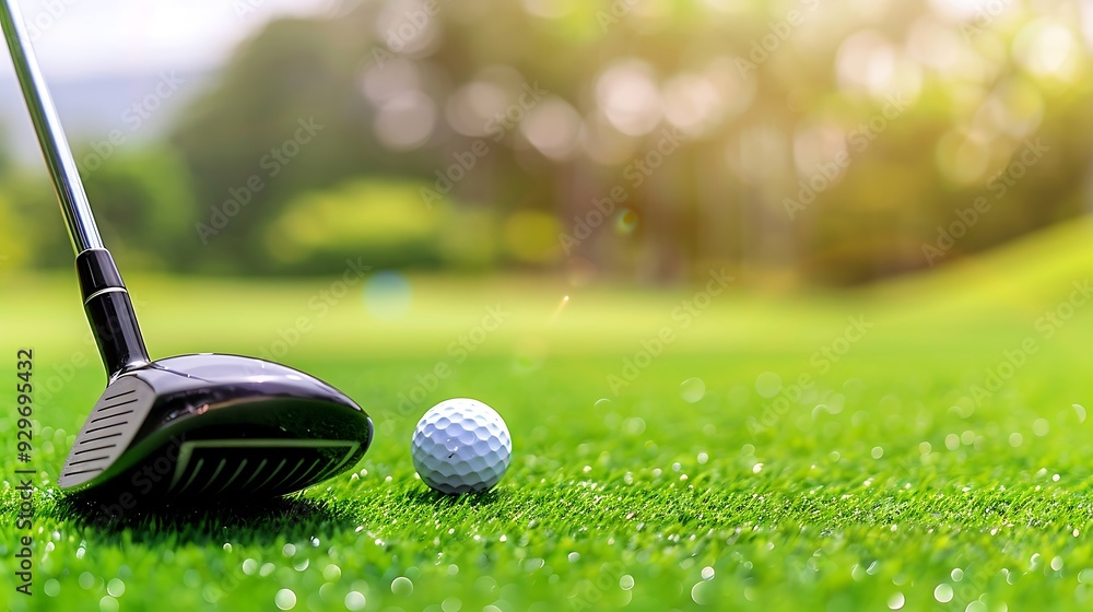 Wall mural golf club and ball on green grass in golf course with sun flare