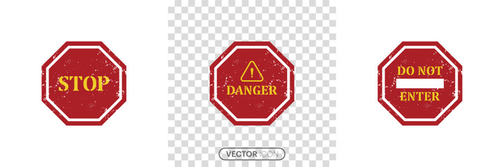 Red stop sign icon. Caution signs. Symbols danger and warning signs. Do Not Enter. No Entry Signs. Traffic signs collection. exclamation mark of warning attention icon. Vector illustration.