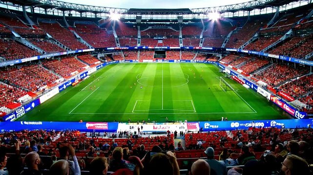 Enthusiastic crowd fills the stadium as the teams engage in an intense soccer match, showcasing skill and determination