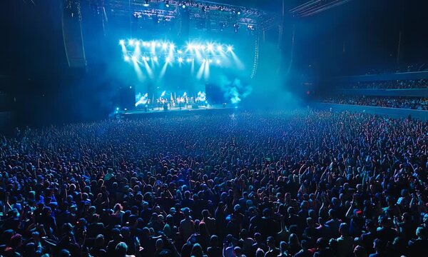 Empty main stage big music festival. Aroun full stadium of spectators. fans are holding flashlights
