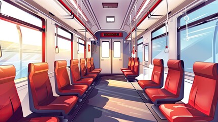 Fototapeta premium Empty train interior with blue seats and natural light streaming through the windows. The modern design of the train car emphasizes comfort and efficiency during travel. Generative by AI