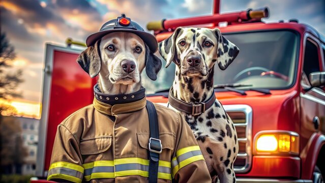 Heroic Dalmatian in firefighter gear stands proudly next to a fire truck, ready to assist in emergency situations with loyalty and bravery.