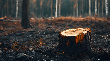 Obraz premium Deforested area with tree stumps. Deforestation and environmental crisis concept 