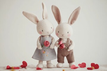 Cute couple bunny plush doll with long ears, holding rose petals in its hand, with a Valentine's Day theme