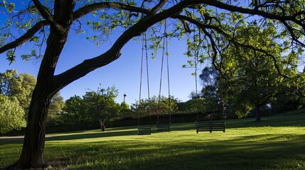 Obraz premium Empty swings hanging from chains in a park, viewed from below against a bright blue sky with scattered clouds. Generative by AI