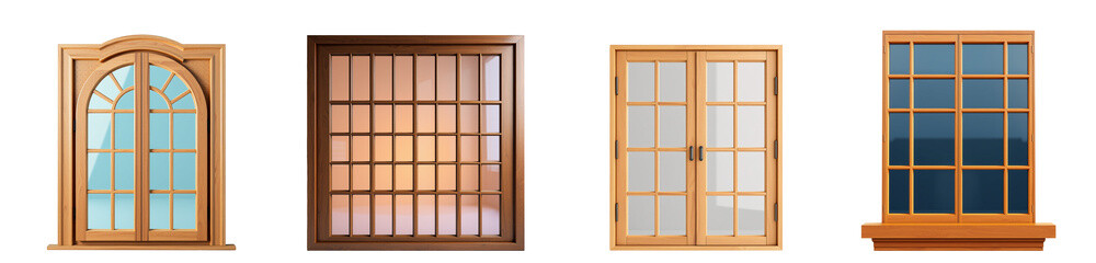 set of wooden windows isolated on transparent background.generative AI
