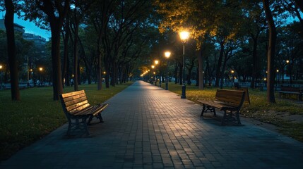 A quiet park at twilight, where fatigue is reflected in the fading light, sleepiness in the soft shadows, and chronic exhaustion in the still air.