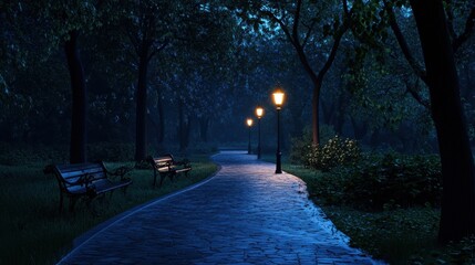 A quiet park at twilight, where fatigue is reflected in the fading light, sleepiness in the soft shadows, and chronic exhaustion in the still air.