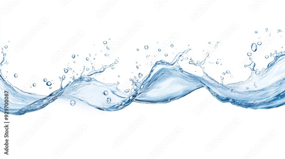 Poster Crystal Clear Stream: Illustration of Flowing Water Creating Wave Motion with Droplets and Bubbles on Clean Background for Hydration Campaigns