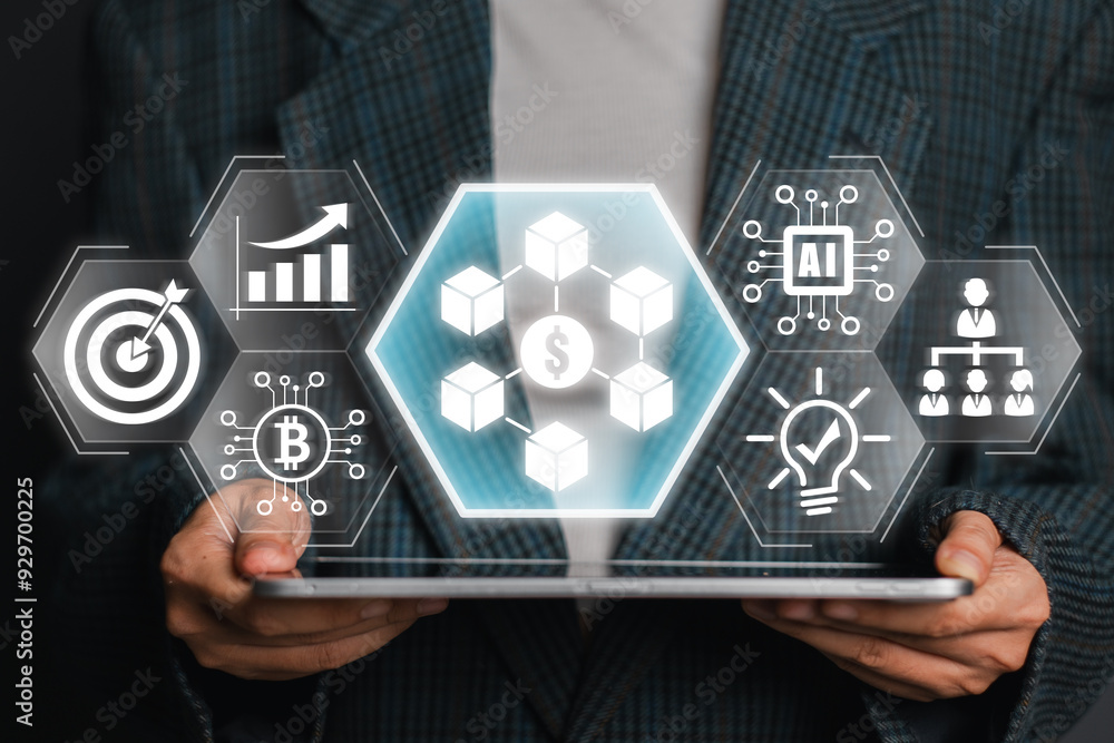 Poster visual representation of the defi concept showcasing blockchain, cryptocurrency, and ai integration 