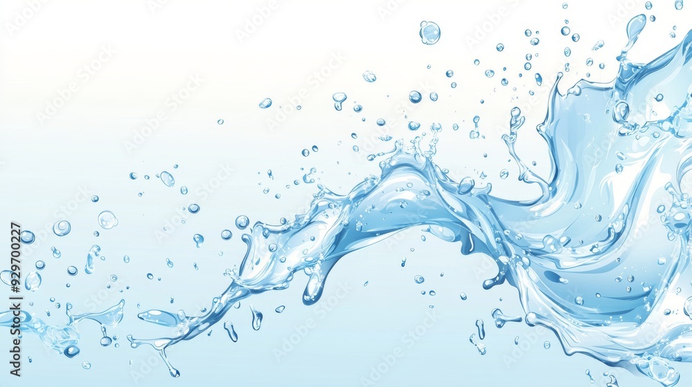 Poster refreshing splash of water curving through the air with droplets scattering in various directions th