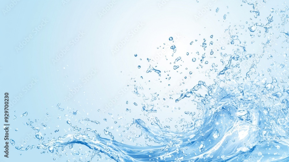 Poster dynamic water splash vector graphic with refreshing droplets in clean background, copy space for ban