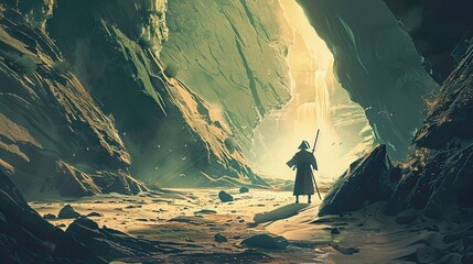 Solitary figure in a red cloak entering a mysterious cave surrounded by vivid red foliage. Dark and atmospheric scene with a sense of exploration. Generative by AI