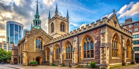 Fototapeta premium Historic All Hallows by the Tower, the oldest church in London, stands majestically with its ancient stone walls, stained glass windows, and Gothic Revival architecture.