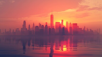 Fototapeta premium Panoramic cityscape silhouette at sunset with a reflection of the sky and buildings on the water.