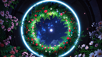 Enchanted Floral Moonlight Circle, nature background wallpaper, anime illustration drawing