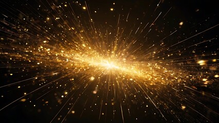 Bright explosion of golden and yellow light with black background, shiny light burst on solid black surface, abstract background