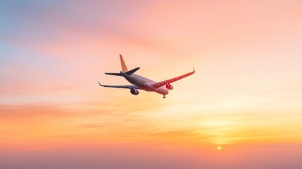 A plane flying through a sunset with the sky painted in orange and pink