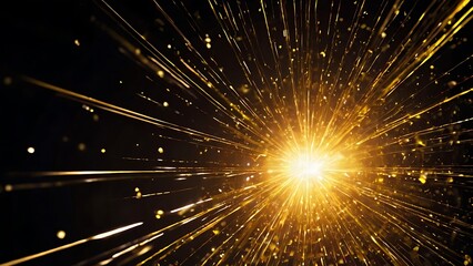 Obraz premium Bright explosion of golden and yellow light with black background, shiny light burst on solid black surface, abstract background