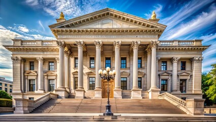 Historic neoclassical courthouse facade features grand staircase, ornate columns, and intricate stonework, exuding prominence and justice in a stately, vintage-inspired architectural setting.