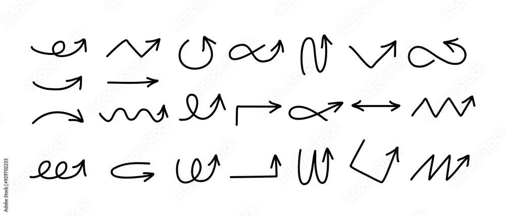 Poster arrows in hand-drawn style set vector collection. arrow icon. arrow. cursor simple arrows. on a whit