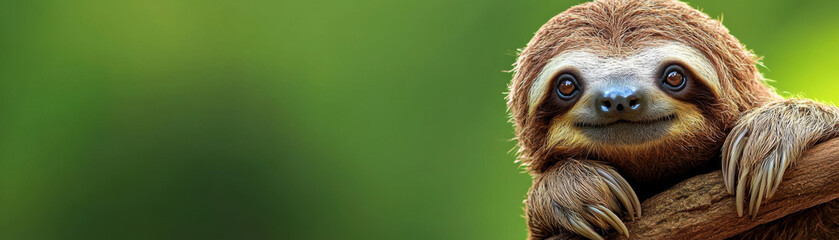 Fototapeta premium A cute sloth hanging on a branch with a green blurred background. Perfect for wildlife and nature-related projects.