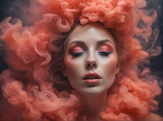 Fototapeta premium Headshot Woman Portrait with Full Makeup and Clouds of Coral Smoke Conceptual Portrait